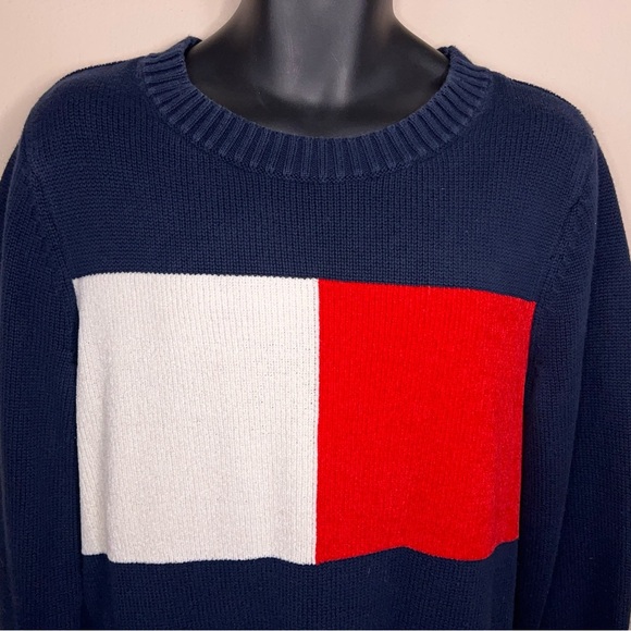 Large Tommy Hilfiger Blue Red White Colorblock Mens Sweater Preppy Academia - Picture 8 of 11